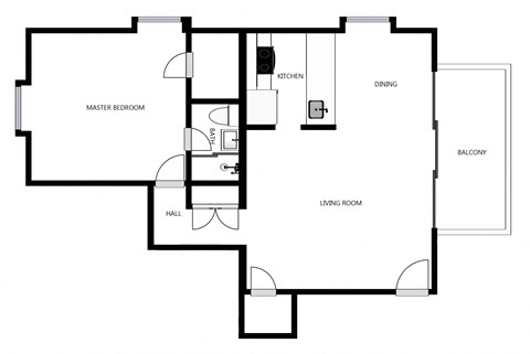 Floor plan for 1 bed, 1 bath, 656 sqft